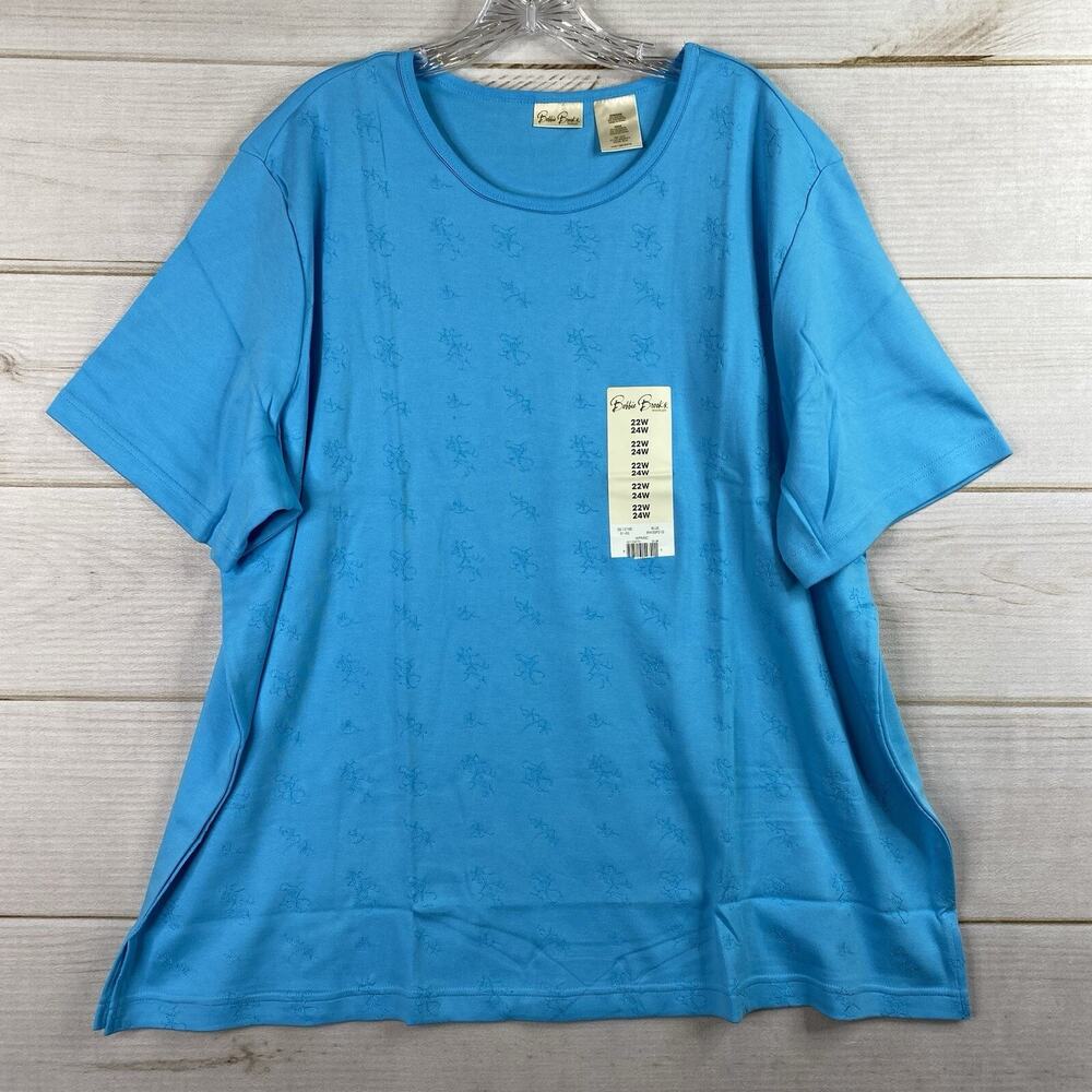 Bobbie Brooks Top Womens 22W 24W Blue Embroidered Tee Shirt Stretch Comfy NWT